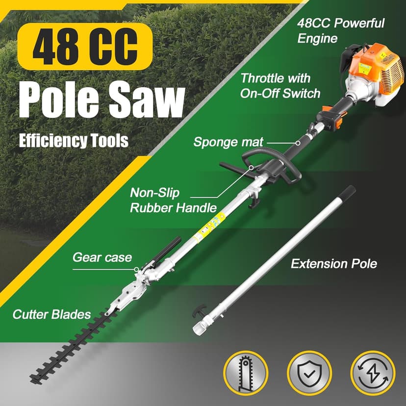 48cc Gas Hedge Trimmer, 2 Cycle Gas Powered Hedge Trimmer Brush Cutter,Pole Saw with Extension Pole Garden Trimming Tools for Tree Trimming and Branch Cutting