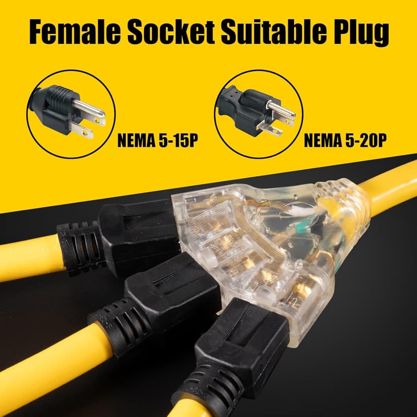 30 Amp to 110 Outdoor Generator Adapter Power Cord, 3 Prong Locking 30 Amp to 15 Amp Generator Cord, NEMA L5-30P Male to 3X 5-20R Female with Lighted End, 1.5FT
