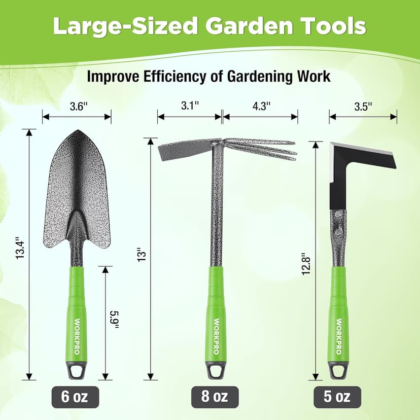 WORKPRO 6-Piece Garden Tool Set, Heavy Duty Gardening Hand Tools with Soft Rubber Handle, Including Trowel, Rakes, 2-in-1 Hoe and Crack Weeder, Ideal Gardening Gifts for Men and Women