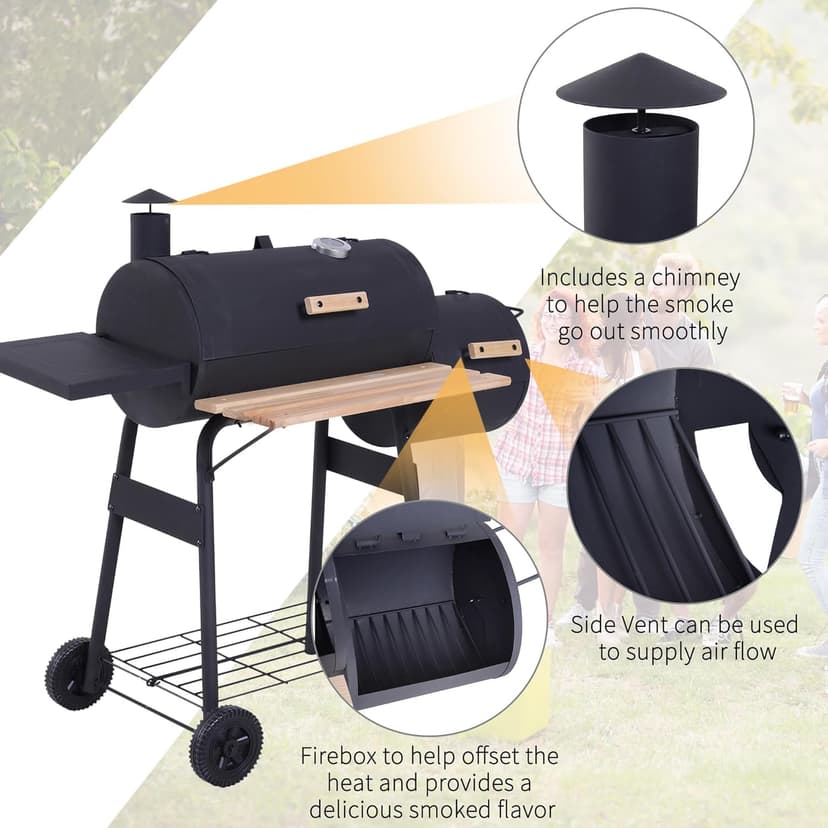 Outsunny 48" Portable Barrel Charcoal BBQ Grill, Steel Outdoor Barbecue Smoker with 232 Square Inches Cooking Space, Storage Shelf, Wheels for Garden Camping Picnic, Black