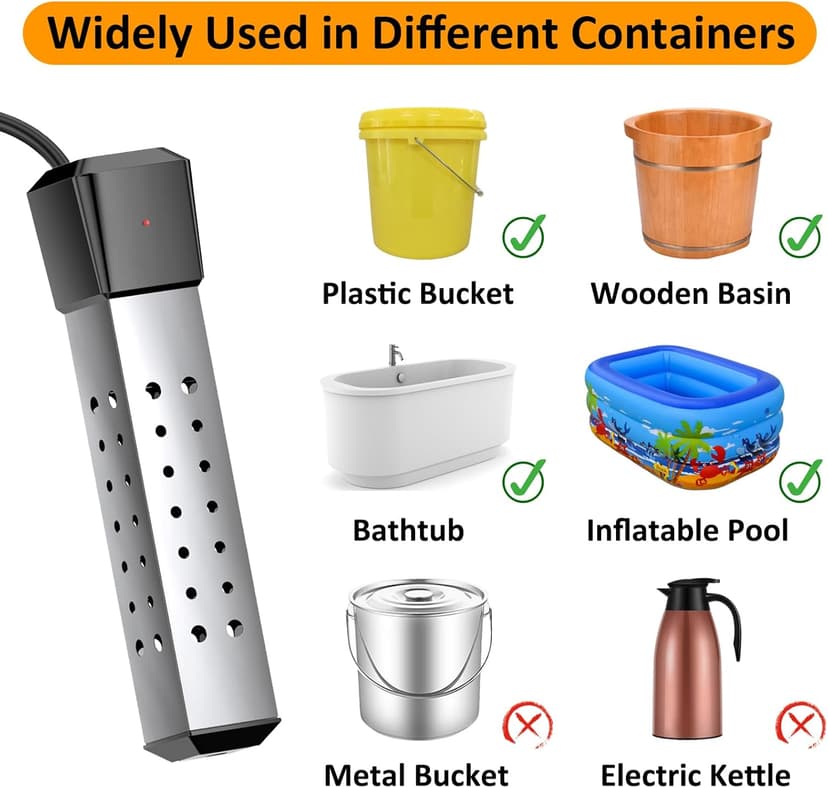 2000W Pool Heater for Inflatable Above Ground Swimming Pool, Immersion Water Heater for Bathtub Automatic Power Off, Submersible Electric Water Heater, Portable Bucket Heater with 304 Stainless Guard