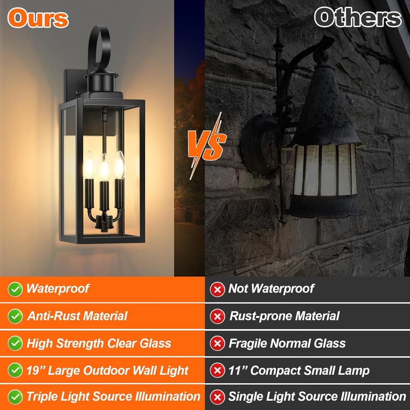 Outdoor Wall Light Fixture, 3-Light 19” Large Waterproof Outside Wall Mounted Sconce Light Fixture with Clear Glass Shade, Black Anti-Rust Exterior Wall Lantern for House, Front Porch, Garage