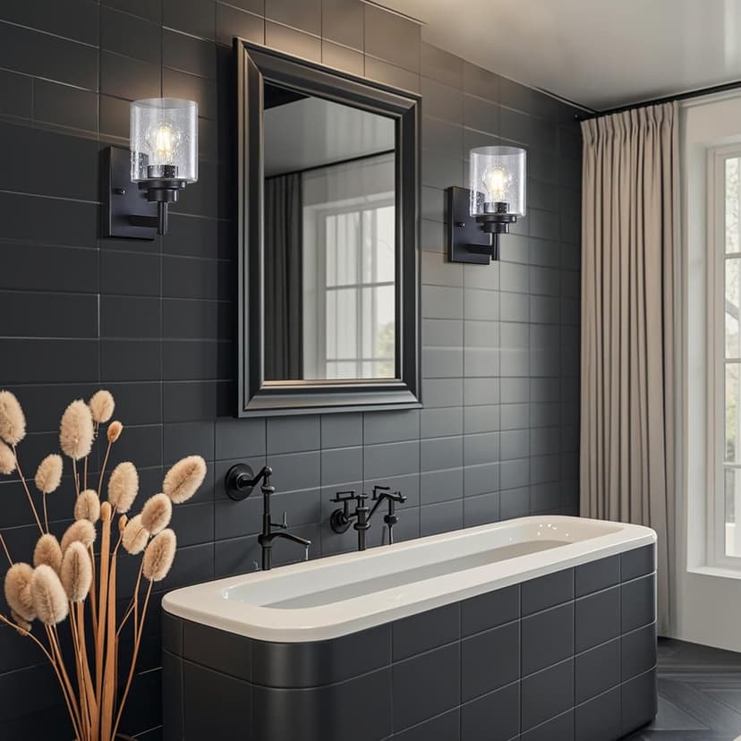 Set of 2 Wall Sconces Bathroom Light Fixture, 2 Pack Black Wall Light Seeded Glass Vanity Lighting Fixture, 4.375 Inch 1 Light Black Modern Wall Decor for Bathroom Living Room Farmhouse Dressing Room