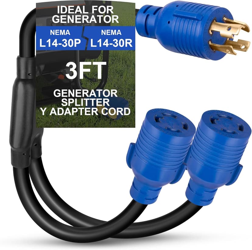 4-Prong 30 Amp Generator Splitter Y Adapter NEMA L14-30P to 2X L14-30R, 10 AWG SJTW Locking Power Cord, 125/250V 7500W for Manual Transfer Switch, Portable Generators & Emergency Power, 3ft