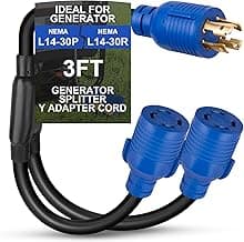 4-Prong 30 Amp Generator Splitter Y Adapter NEMA L14-30P to 2X L14-30R, 10 AWG SJTW Locking Power Cord, 125/250V 7500W for Manual Transfer Switch, Portable Generators & Emergency Power, 3ft