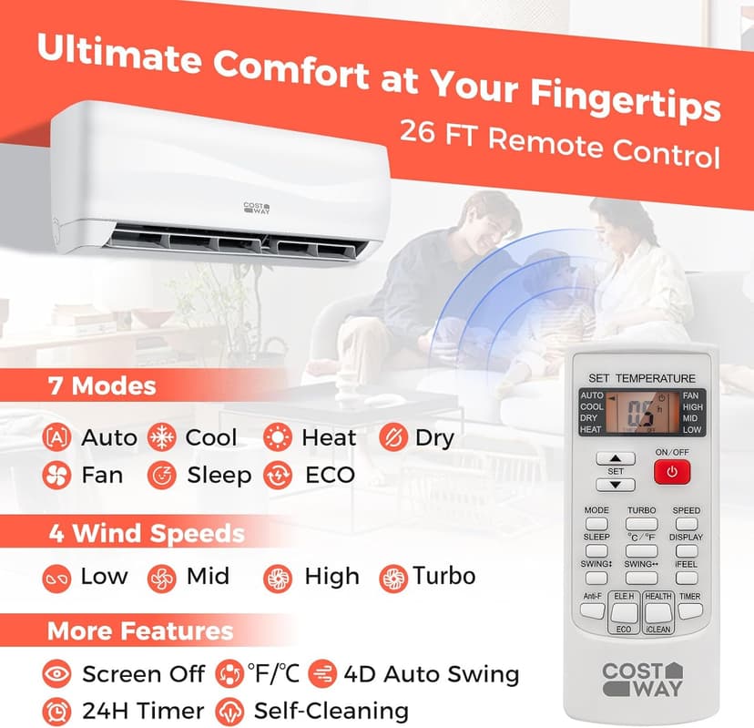 COSTWAY 9000BTU Mini Split Air Conditioner& Heater, 17 SEER2 208-230V Wall-Mounted Ductless AC Unit Cools Rooms up to 450 Sq. Ft, Energy Efficient Inverter AC with Heat Pump (Blast Series)