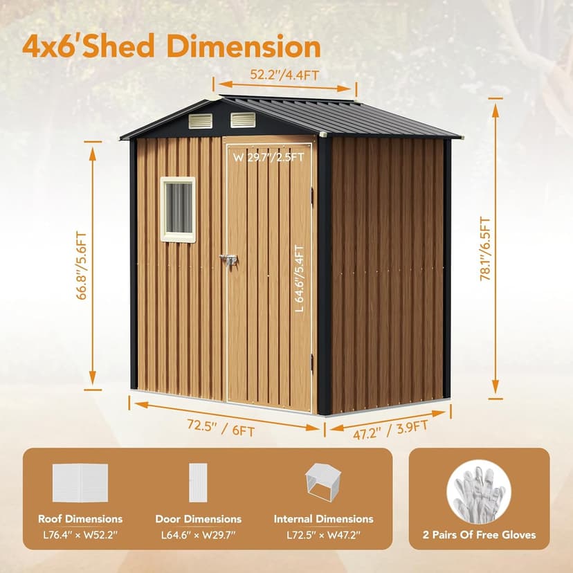 6X4FT Garden Storage Shed with Lockable Door,Steel Tool Shed with 1 Clear Window, Anti-Corrosion Metal Shed for Backyard Patio Lawn (Light Wood Grain)