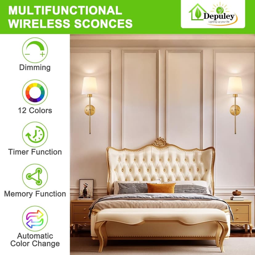 Depuley Battery Operated Wall Sconce: Set of 2 Wireless Wall Lights with Remote for Bedroom - Rechargeable 15 Colors Gold Wall Lamp for Living Room Hallway