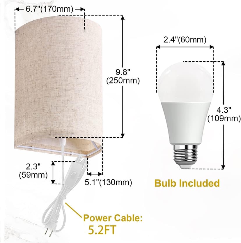AVV Wall Sconces Set of Two, Wall Lamp Plug in with On/Off Switch, 2700K 4000K 5000K Selectable, Wall Lights for Bedroom, Living Room, Wall Decor for Bedroom, Fabric Linen Lamp Shades