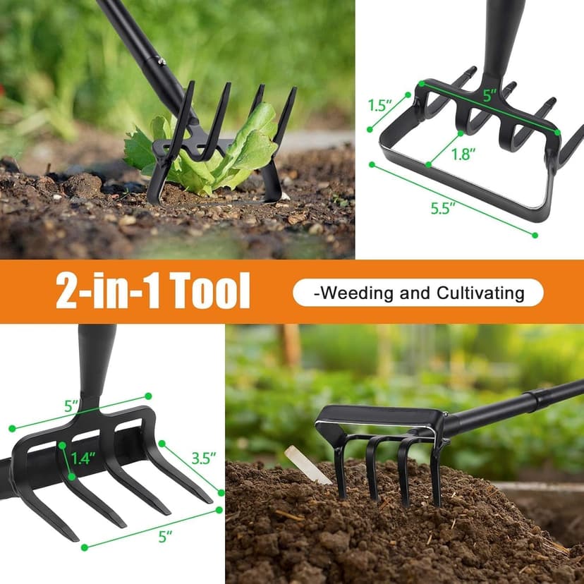 Garden Hoe Tool - Heavy Duty 2 in 1 Hula Scuffle Hoes with Cultivator Tiller for Weeding Grass,Loosening Soil,Sharp Blade,36-60” Long Handle,Push Pull Action Hoe with Scraper Rake for Gardening