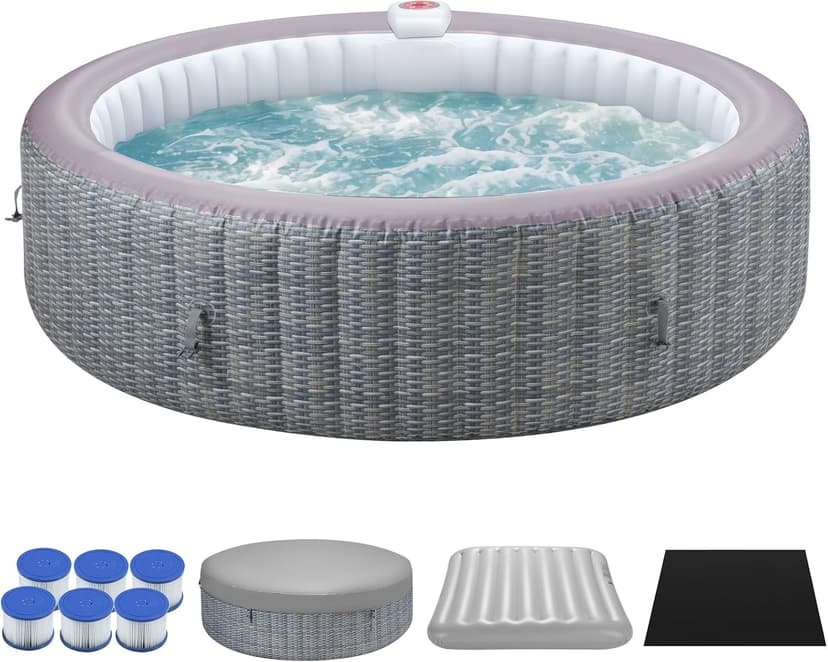 82" Inflatable Hot Tub for 4-6 People, Portable Outdoor Spa with 130 Soothing Bubble Jets, Smart Heating up to 104°F, with Insulated Cover, 6 Filters, PE Floor Mat, 110-120V Input (Laminated PVC)