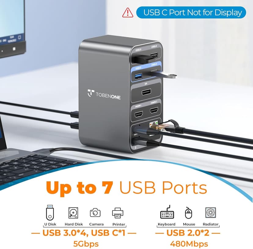 TobenONE Docking Station 3 Monitors, Laptop Docking Station with Power Supply 100W, 2 HDMI, DP, 7 USB C/A Port, Ethernet, Audio, 87W Charging for Thunderbolt 4/3, USB4, USB-C Windows&ChromeOS