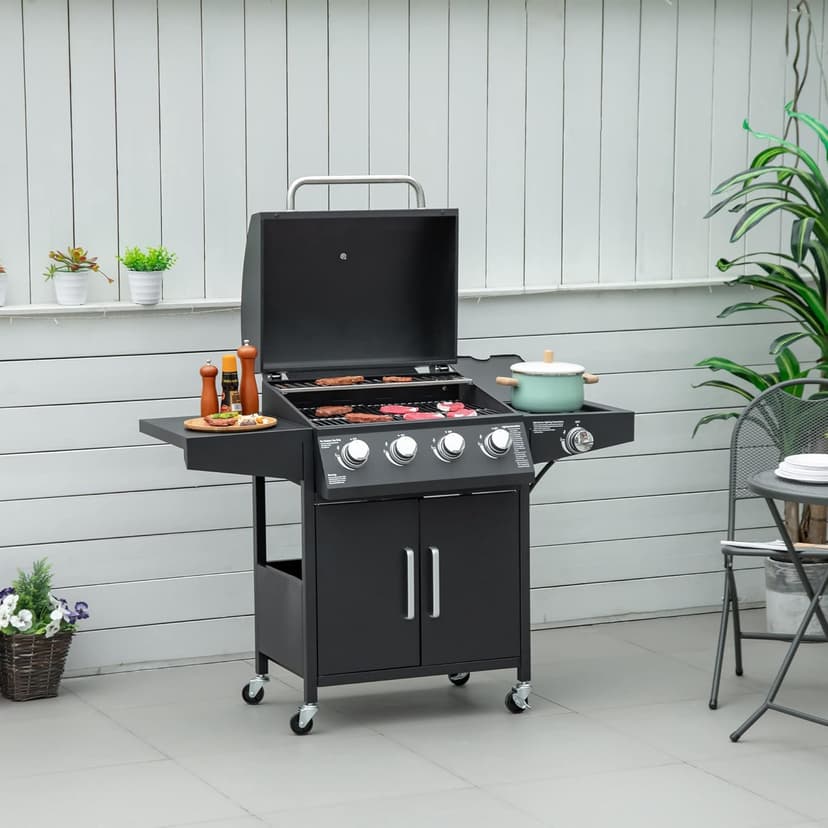 Outsunny 4 Burner Propane Gas Grill, 50,000 BTU Steel Outdoor Barbeque/Barbecue with Side Burner, Wheels, Warming Rack, Shelf, Cabinet, Thermometer, Black