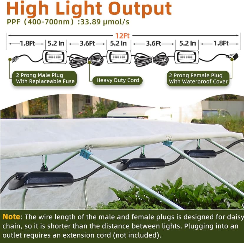 Owleye 12FT Outdoor Grow Lights LED String Plant Light, IP65 Waterproof, Full Spectrum, 120V, ETL Listed, 33.89 umol/s, Linkable Grow Light for Greenhouse & Outdoor Garden & Raised Bed (3-Bulbs)