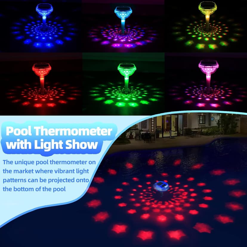 Solar Digital Pool Thermometer Floating Easy Read, Solar Pool Temperature Thermometer with Dynamic Light Show, Large LCD Screen & IP68 Waterproof Pools Water Temperature Guage for Hot Tub,Spa