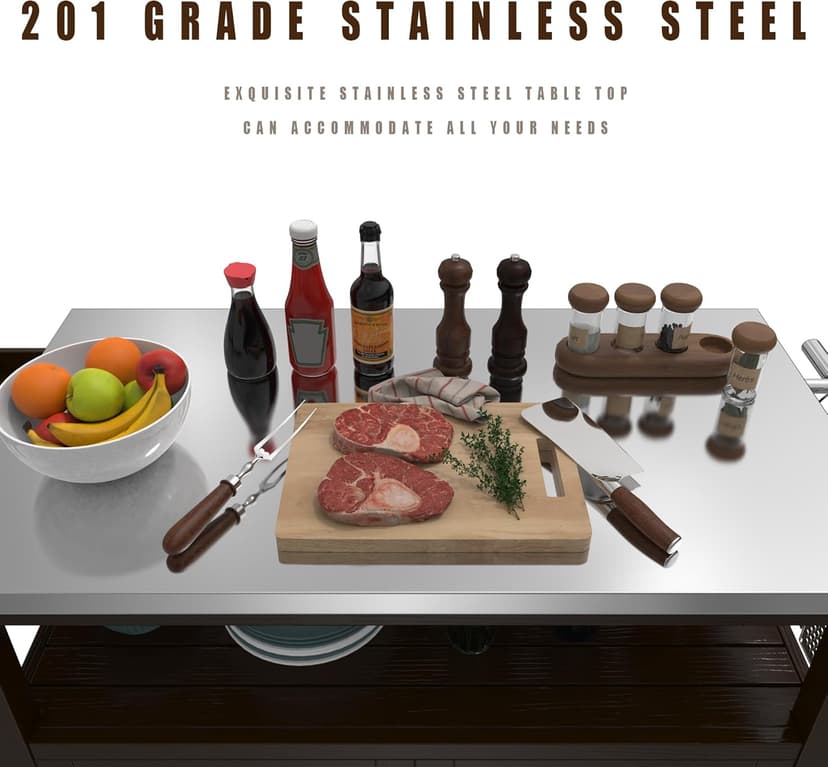 GDLF Outdoor Storage Cabinet Solid Wood Prep Grill Table with Stainless Steel Top Waterproof Cover Dark Brown
