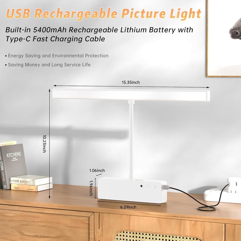 Picture Light with Remote, 15.35inch Wireless Rechargeable Battery Wall Light for Paintings, 3 Colors Paintings Light Dimmable and Timer Metal Art Light for Display, Wall, Artwork, Gallery (White)