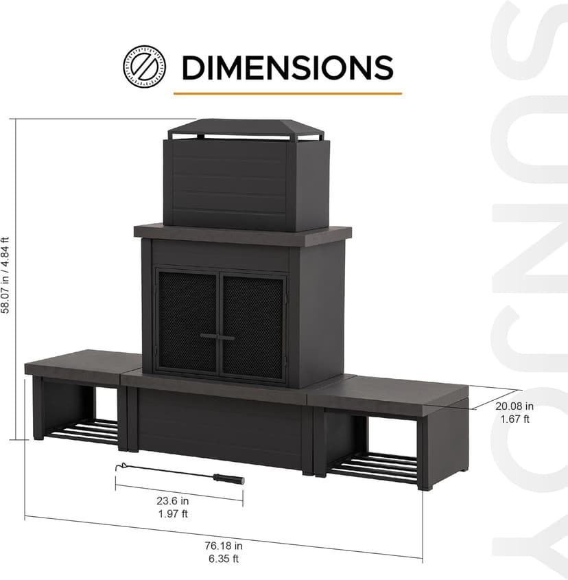 Sunjoy Outdoor Fireplace with Wood Storage and Chimney, Steel Metal Fire Pit with Mesh Spark Screen Door & Fire Poker, Fireplace Tool and PVC Cover, for Patio Garden Deck Backyard, Brown