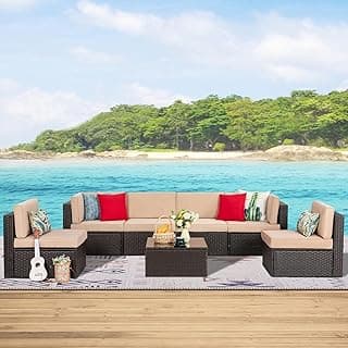 Shintenchi 7 Pieces Patio Furniture Sets Outdoor All-Weather Sectional Patio Sofa Set PE Rattan Manual Weaving Wicker Patio Conversation Set with Glass Table&Ottoman Cushion and Red Pillows, Beige
