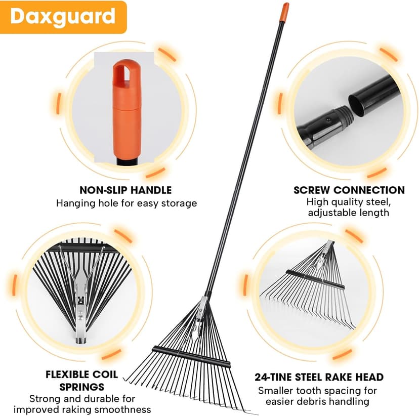 High-Carbon Steel Gardening Leaf Rake, Suitable for Raking Leaves and Lawn Tidying,Adjustable Split Long Handle 33-67", 24tines 23.2" Wide,Garden rake and thatch rake Suitable for Adults