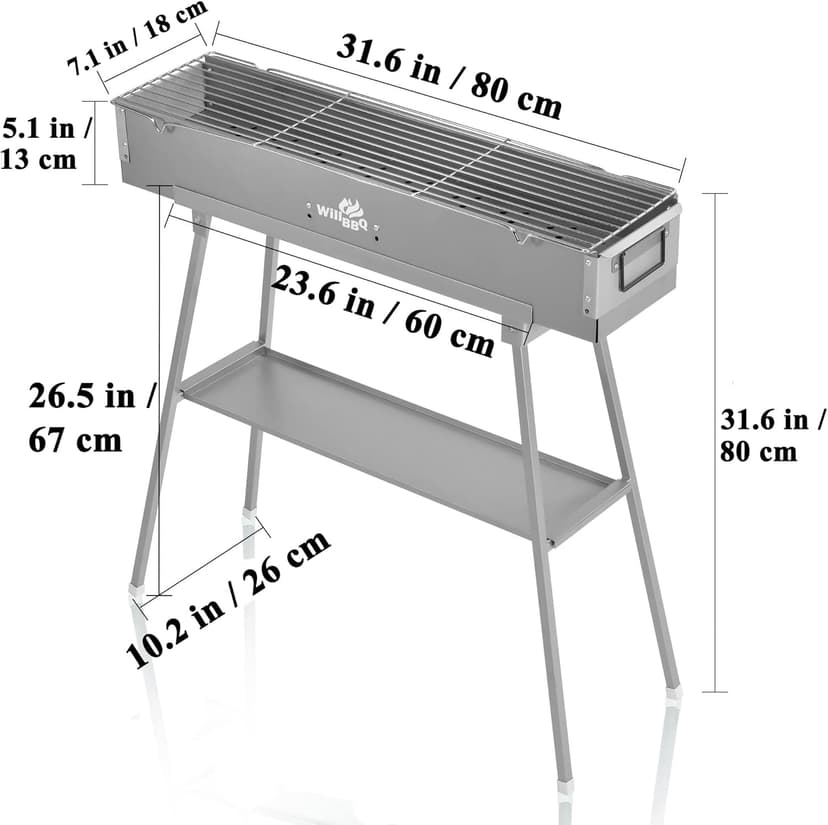 Charcoal Grills Commercial Quality Portable Multiple Size Hibachi BBQ Lamb Skewer Folded Camping Barbecue Grill for Garden Backyard Party Picnic Travel Outdoor Cooking Use(31.6x7.1x5.1 inch)
