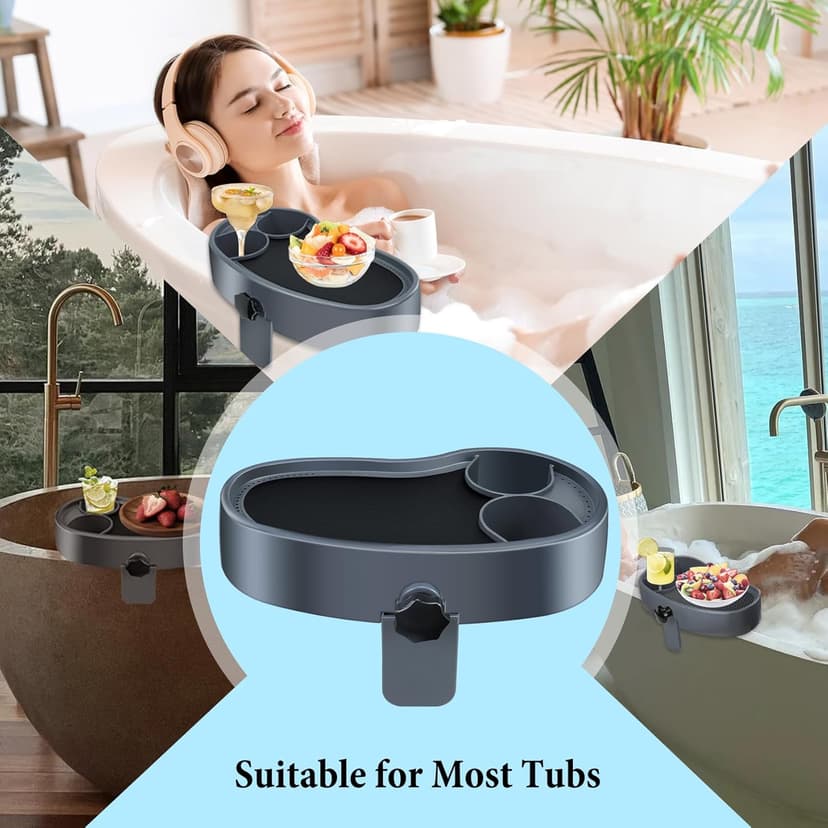 Larger Surface Adjustable Hot Tub Tray, 15.8" × 7.9" Hot Tub Cup Holder with Two Drink Holders, Floor Standing Bathtubs Tray with Wall Thickness of 2.38"- 4.92", Non-Slip Drainage Bathtub Storage