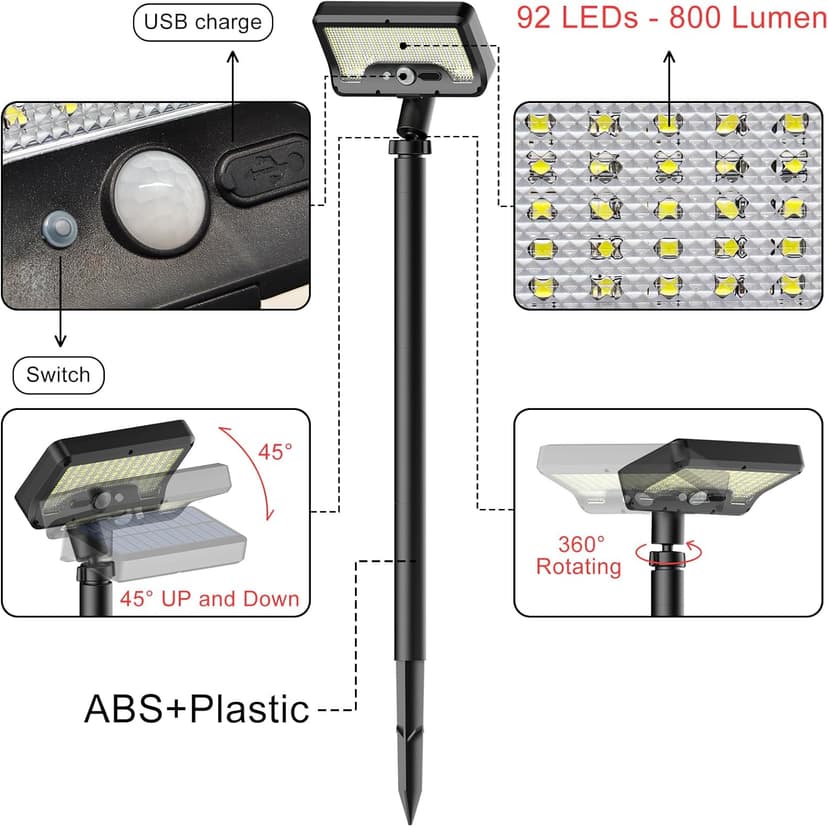 Tryme Solar Lights Outdoor Pathway, 92 Led Bright Waterproof Walkway Lights with Adjustable Angle & 3 Motion Sensor Modes for Driveway, Sidewalk, Garden, Yard, Patio, Landscaping (2 Pack)