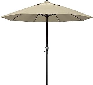 California Umbrella 9' Rd Sunbrella Aluminum Patio Umbrella, Crank Lift, Auto Tilt, Bronze Pole, Antique Beige