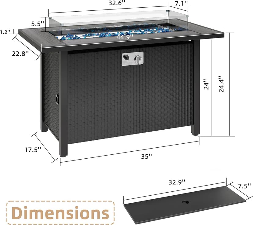 JAMFLY Propane Fire Pit Table 45 Inch, 50,000 BTU Outdoor Gas Firepit Table for Outside Patio with Glass Wind Guard, Blue Glass Rocks,Waterproof Cover, Gray