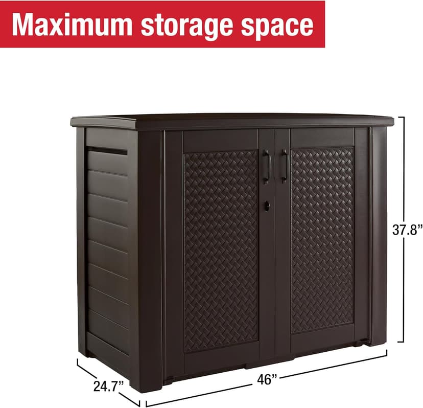 Rubbermaid Decorative Outdoor Storage Cabinet (123 Gal), Weather Resistant, Dark Brown, Organization for Home/Backyard/Pool Chemicals/Toys/Garden Tools/Porch/Patio Cushions