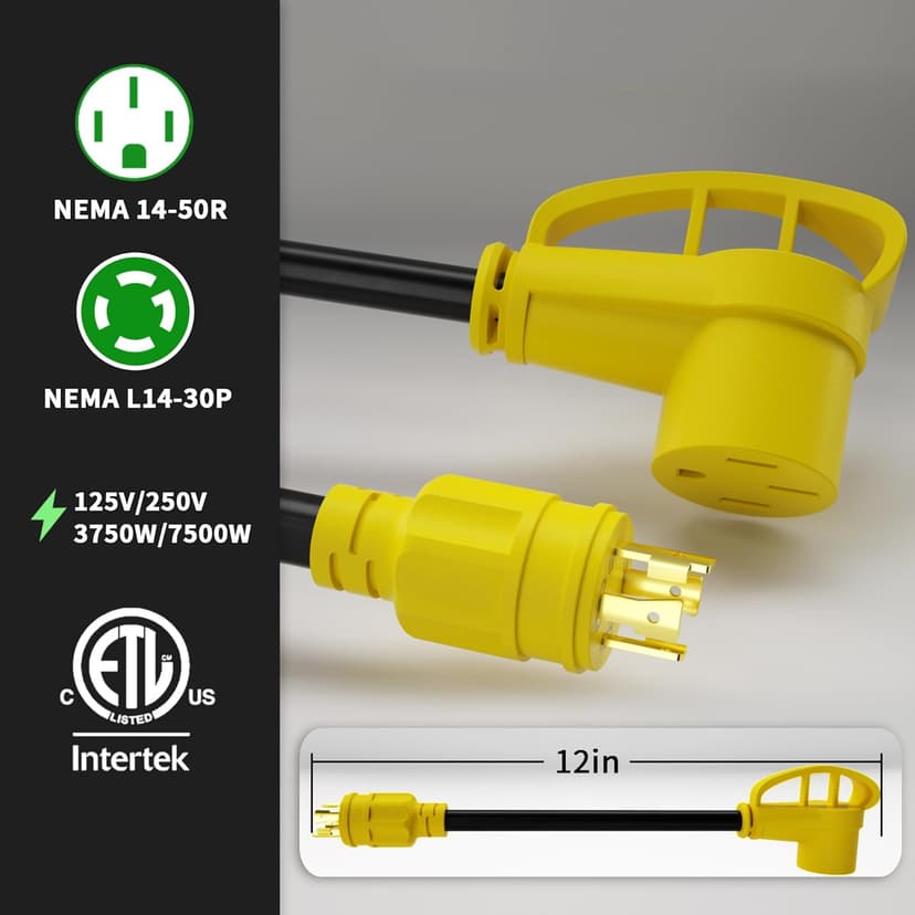 30 Amp to 50 Amp RV Generator Adapter Cord 1FT(12 Inch), NEMA L14-30 Male Plug to NEMA 14-50 Female Plug, 4 Prong Heavy Duty Power Cord, 10 Gauge STW, 30A 125V/250V, Black-Yellow, ETL Listed