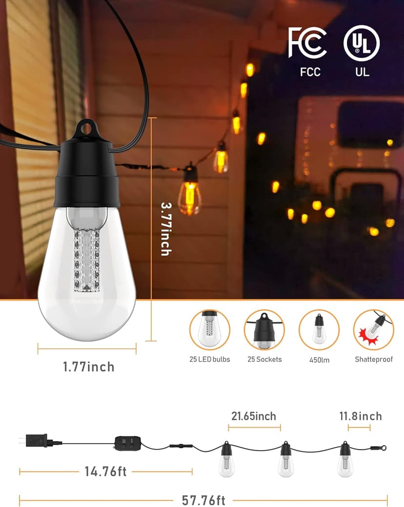 Outdoor String Lights with Dimmer - 50Ft Led Patio Lights App Control Commercial Grade Weatherproof Outside Light with Timer 3 Modes 25 S14 Edison Vintage Shatterproof Bulbs for Patio Garden Backyard
