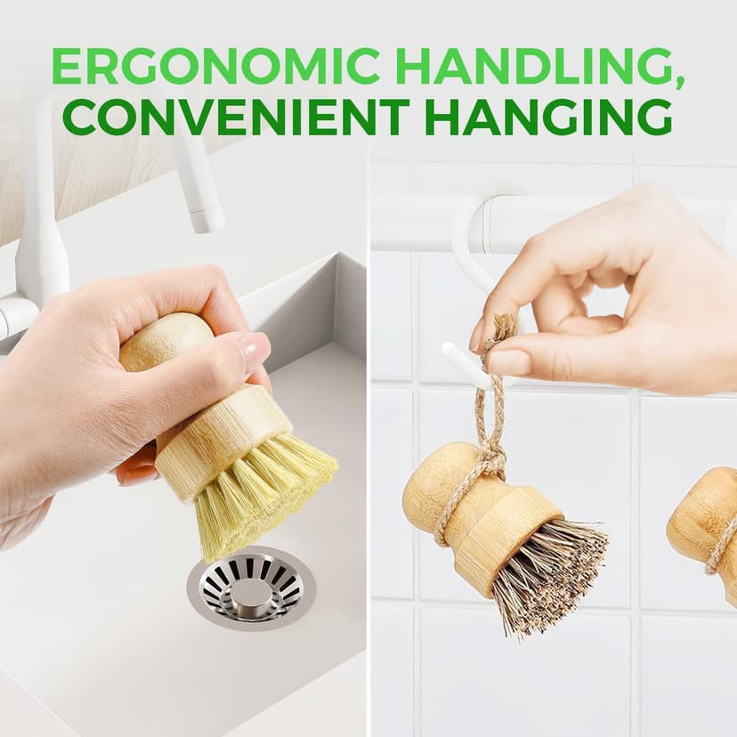 Bamboo Dish Brush Set of 3, 100% Plant-Based Kitchen Dish Brush Bamboo with Sisal and Coconut Bristles, 2 Brush Types, No Scratch Wood Sish Scrub Brush for Dishes, Quick-Drying, Odor Free