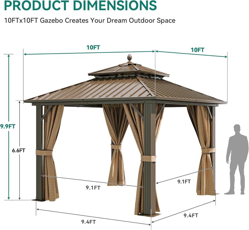 YITAHOME 10x10ft Hardtop Gazebo with Nettings and Curtains, Heavy Duty Double Roof Galvanized Steel Outdoor Combined of Horizontal Vertical Stripes Roof for Patio, Backyard, Deck, Lawn (Bronze)