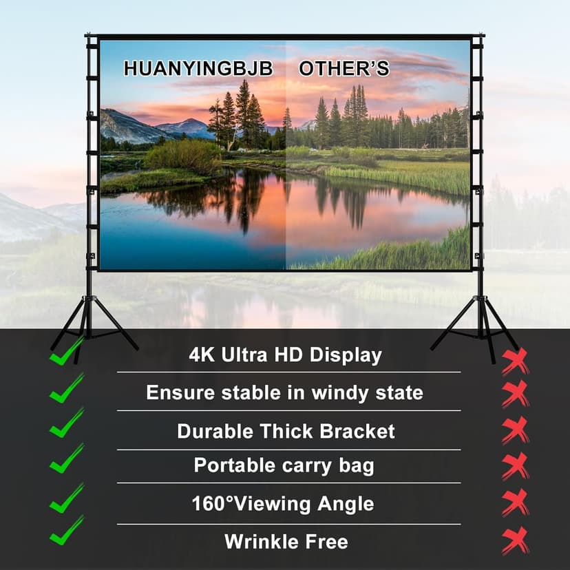150"-Projector-Screen-with-Stand,HUANYINGBJB Outdoor Projection Screen, Portable 16:9 4K HD Rear Front Movie Screen with Carry Bag for Theater Backyard Movie Night,Cinema School, Churches, Parties