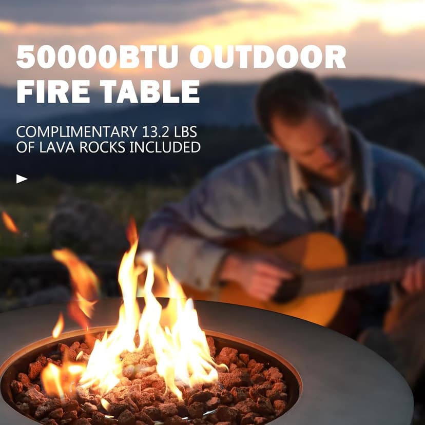 31.5 Inch Outdoor Propane Fire Pit Table 2-Piece 50,000 BTU Gas Fire Pit Concrete Round Burner Tank Cover Fire Coffee Table with Lid for Garden,Deck-31.5" Grey