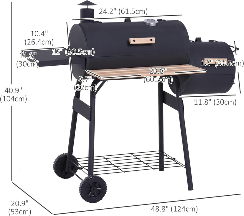 Outsunny 48" Portable Barrel Charcoal BBQ Grill, Steel Outdoor Barbecue Smoker with 232 Square Inches Cooking Space, Storage Shelf, Wheels for Garden Camping Picnic, Black