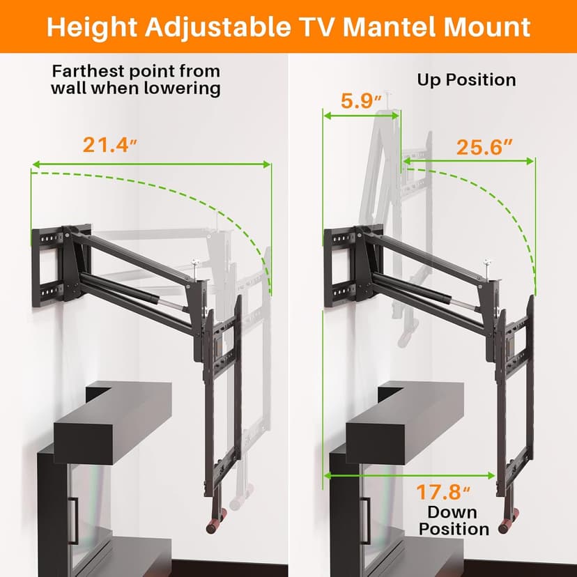 Fireplace Pull Down TV Mount Over Fireplace with Height Adjust for Most 43" - 80" TVs, Max VESA 600x400mm, up to 80lbs, Above Fireplaces TV Mount