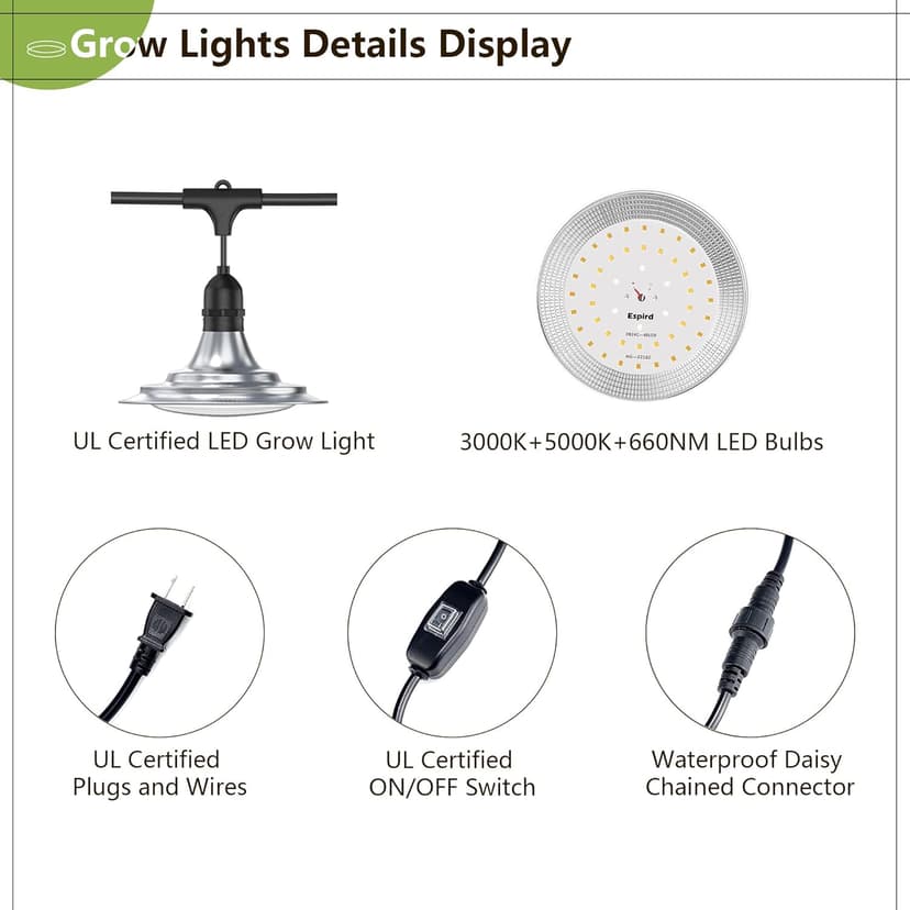 Espird Outdoor Grow Light, 6-Light Greenhouse String Grow Light, Waterproof Plant Growing Lamps, UL Certified LED Grow Lights for Greenhouse Garden, 21.3FT Full Spectrum Light for Veg Seedling Flower