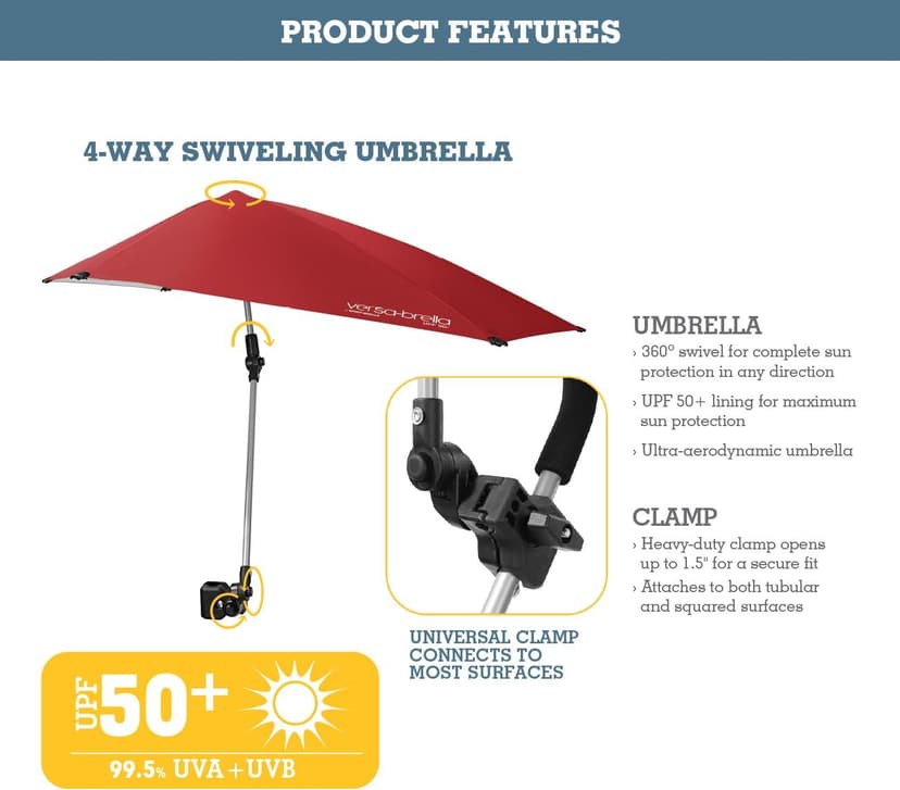 Versa-Brella UPF 50+ Personal Sun Shade - Portable Umbrella for Sports & Outdoors - Secure Clamp, 360-Degree Swivel Adjustable Position for Maximum Sun Protection - Compact with Carry Case