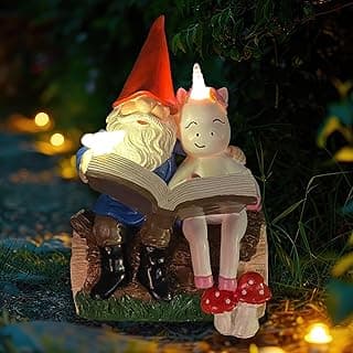 8'' Gnome and Unicorn Reading Book Statue,Funny Garden Gnomes Outdoor Statues for Garden Decor with Solar Lights,Gnomes Decorations for Yard Patio Lawn Cute Ornament Decoration,Gifts for Girl,Grandpa