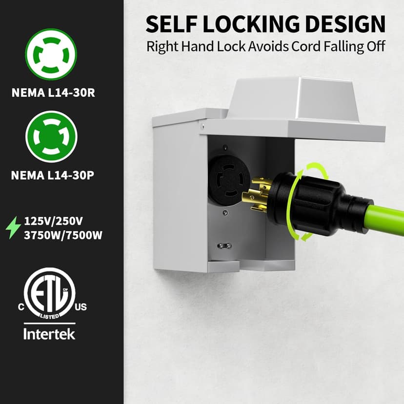 25Feet 30 Amp Generator Extension Cord 4 Prong,Heavy Duty NEMA L14-30P/L14-30R,125/250V 7500W,Green 10 Gauge STW Twist Locking Generator to House Power Cords with Cord Organizer,ETL Listed