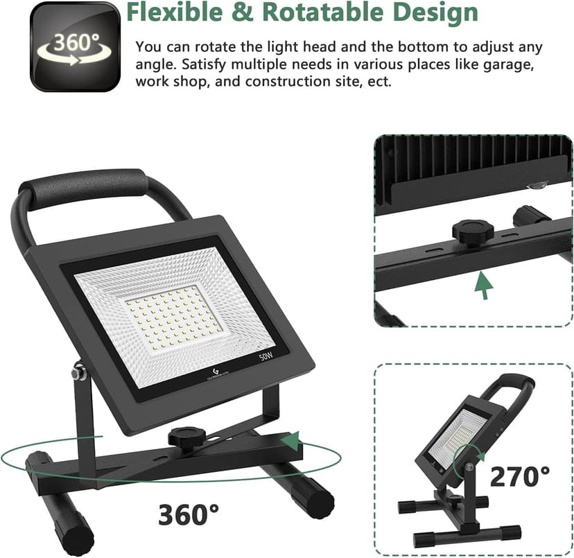 GLORIOUS-LITE 50W LED Work Light, 5000LM LED Flood Lights, 400W Equivalent, IP66 Waterproof, 16ft 5m Cord with Plug, 6500K, Adjustable Working Lights for Workshop Garage, Construction Site
