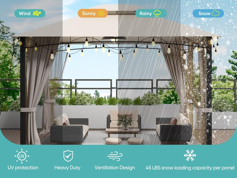 Outdoor Patio Gazebo 10x12, Heavy Duty Gazebos, Soft Top Gazebo with Metal Frame, Double Roof Canopy, Mosquito Nets & Privacy Enclosures, Permanent Pavilion for Decks & Backyards