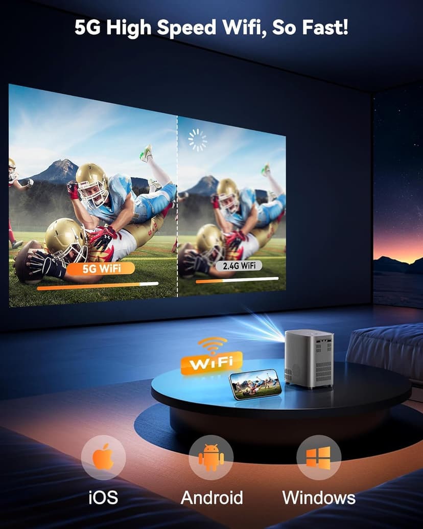 [One-Button Focus] Projector with WiFi and Bluetooth, 4K Outdoor Projector with Carry Bag, Portable Movie Projector with Zoom Function, Home Theater Projector for Phone/TV Stick/PC