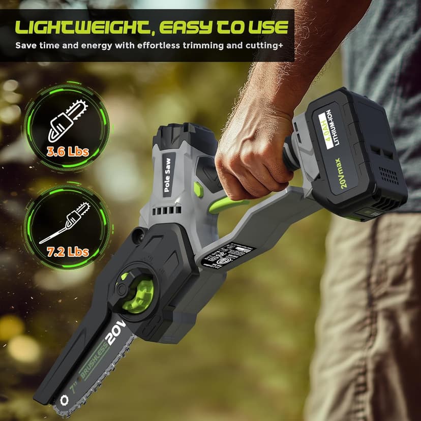 2-in-1 Cordless Pole Saw (2025 Upgraded), 7 Inch Brushless Mini Chainsaw with Extension Pole, Pole Saws for Tree Trimming Battery Powered with 2x 20V 4000 mAh Battery, 16ft Reach Electric Pole Saw