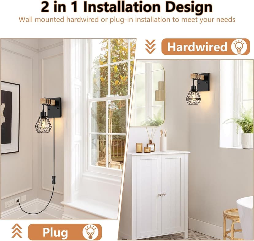 Plug in Wall Sconces Set of Two, Vintage Wood Wall Lamps with Plug in Cord, Farmhouse Wall Light Fixture with 5.25FT On/Off Switch Cord, Indoor Wall Lamp for Bedroom Living Room