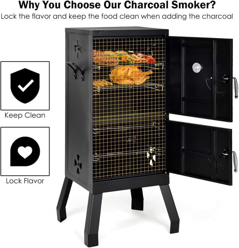 DORTALA Vertical Charcoal Smoker, Outdoors Charcoal Barbeque, Smoked Carbon Oven, Iron Structure, w/Two Chrome-plated Nets, Two Charcoal Pots, Suitable for Lawn Picnic, Backyard BBQ (Black)