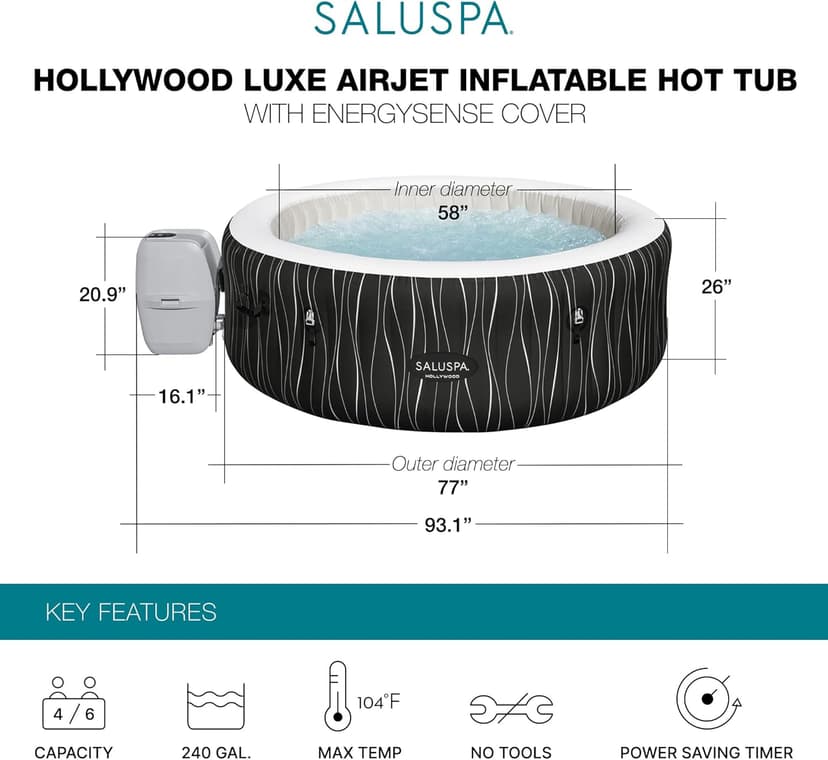 Bestway SaluSpa Hollywood EnergySense Luxe AirJet Round Inflatable 4 to 6 Adult Hot Tub with Heater, Filter, 2 Covers, and 140 AirJet System
