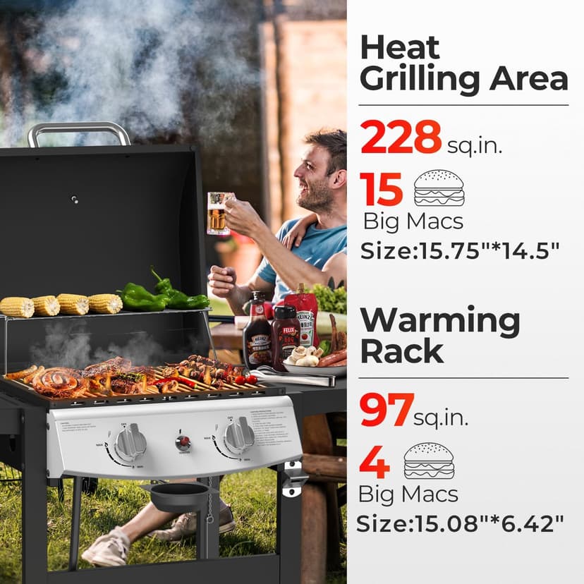 Propane Gas Grill 21000 BTU with 2-Burner,325 sq.in. Outdoor BBQ Grill for Barbecue Cooking with Top Cover Lid,Wheels,Side Storage Shelves,Barbeque Stove for Patio Garden Camping,Black